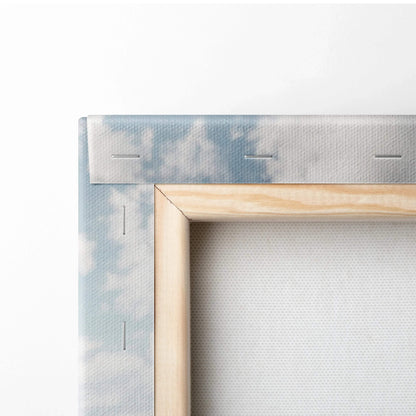Close-up of wooden frame corner and stapled canvas for vertical Nissan 370z wall art canvas print.