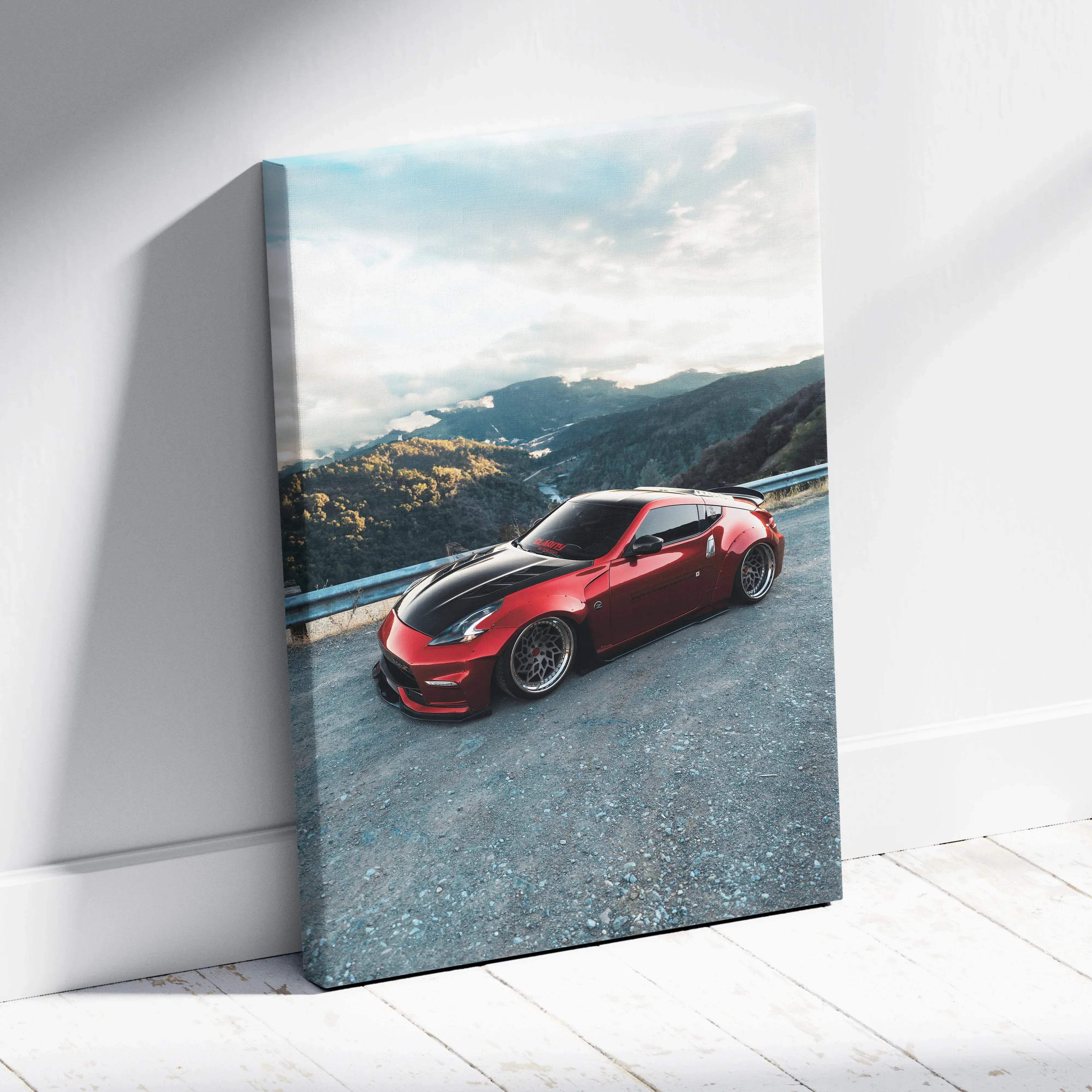 Canvas wall art vertical high resolution museum quality featuring a red and black nissan 370z sports car on mountain road