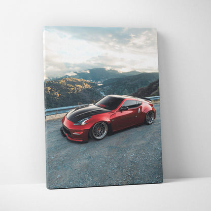 Red Nissan 370z sports car on mountain road canvas art wall decor.