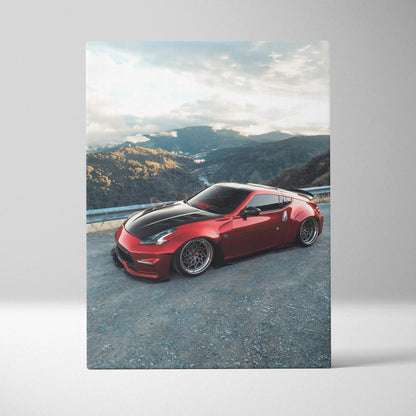 Red Nissan 370z sports car on mountain road canvas wall art print.