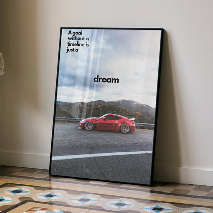 Motivational poster wall art featuring a red Nissan 370z on a scenic road with inspiring text.