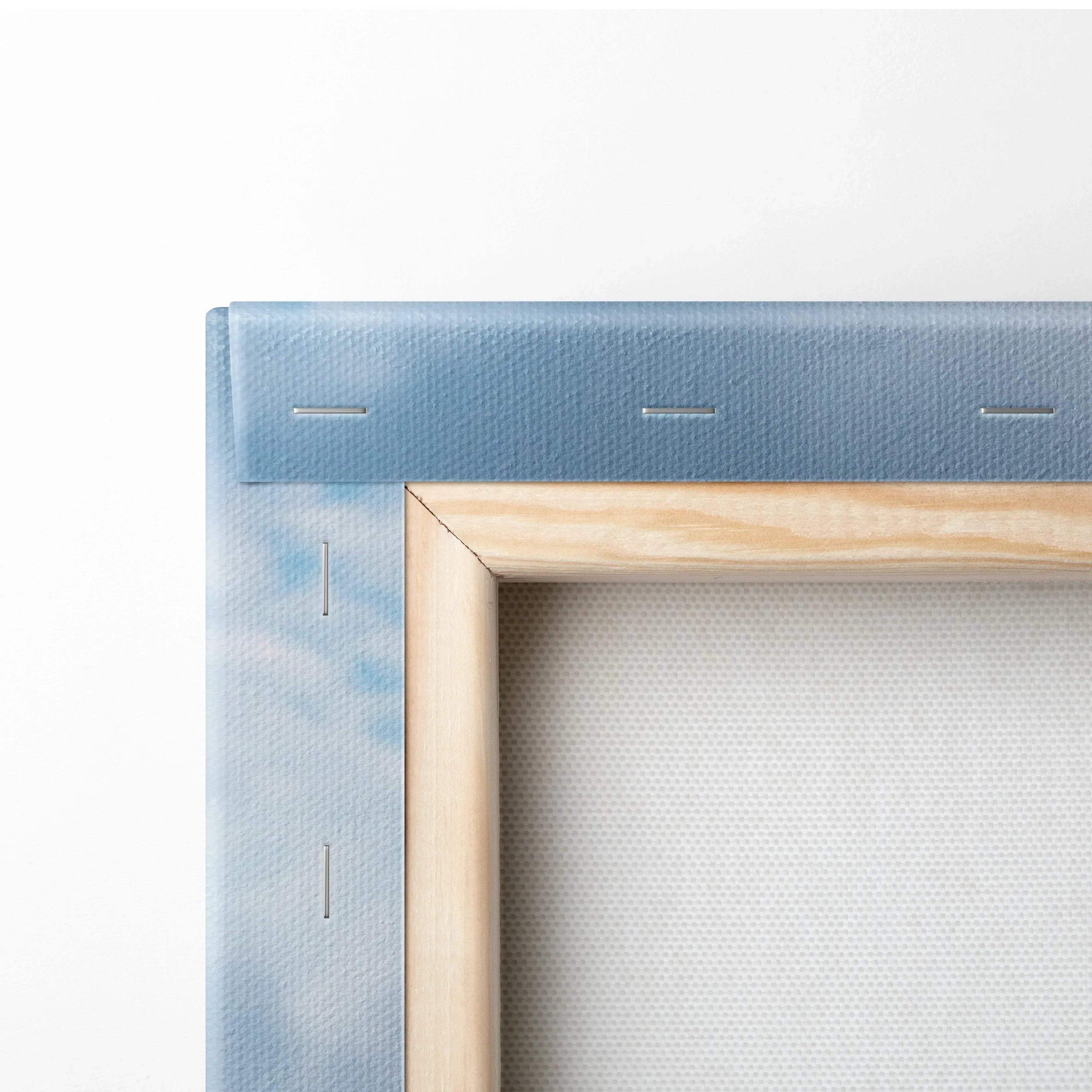 Close-up of wooden frame corner and blue wrapped canvas for vertical wall art canvas print.