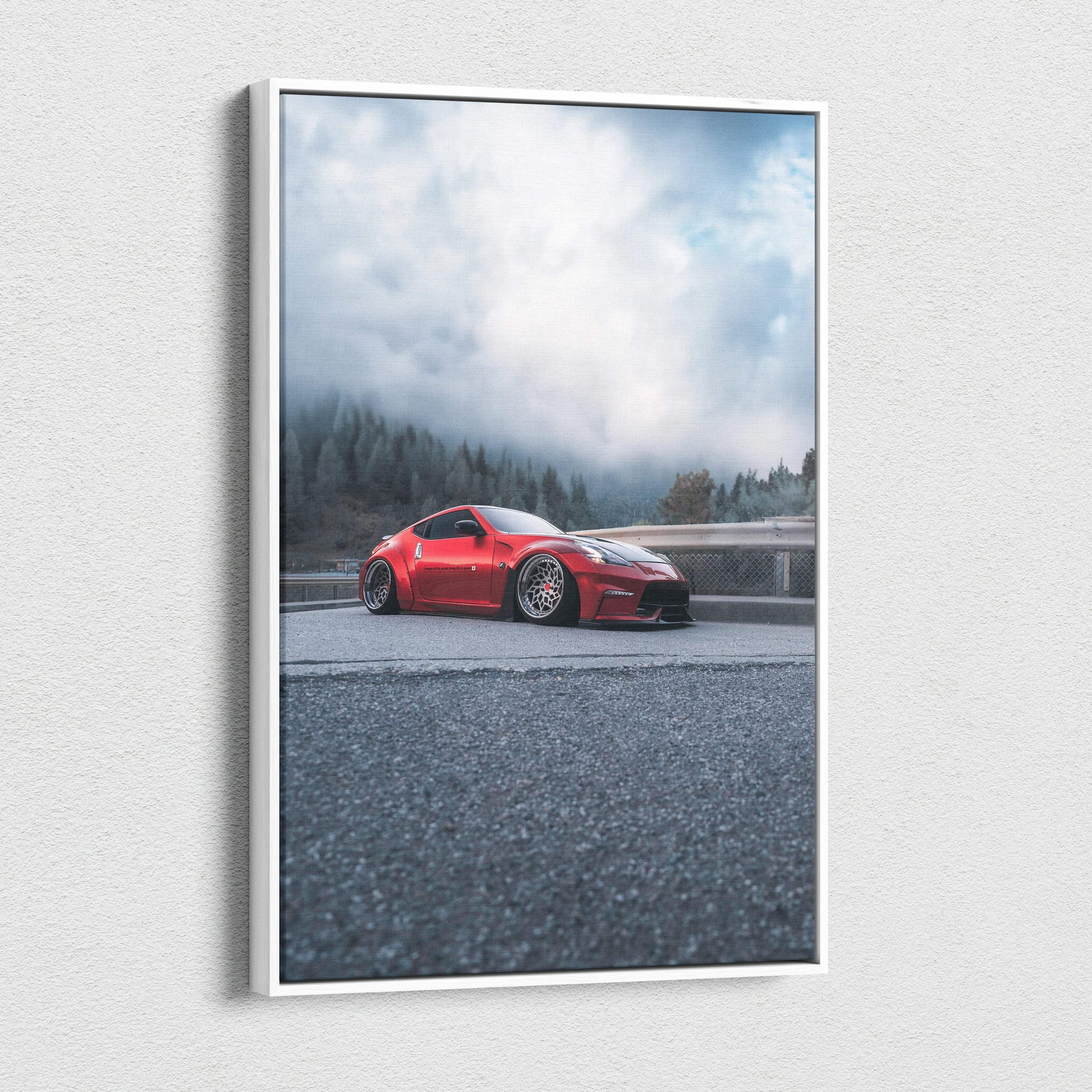 Red Nissan 370z on road with cloudy sky background vertical canvas wall art print.