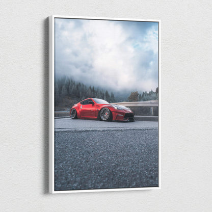 Red Nissan 370z on road with cloudy sky background vertical canvas wall art print.
