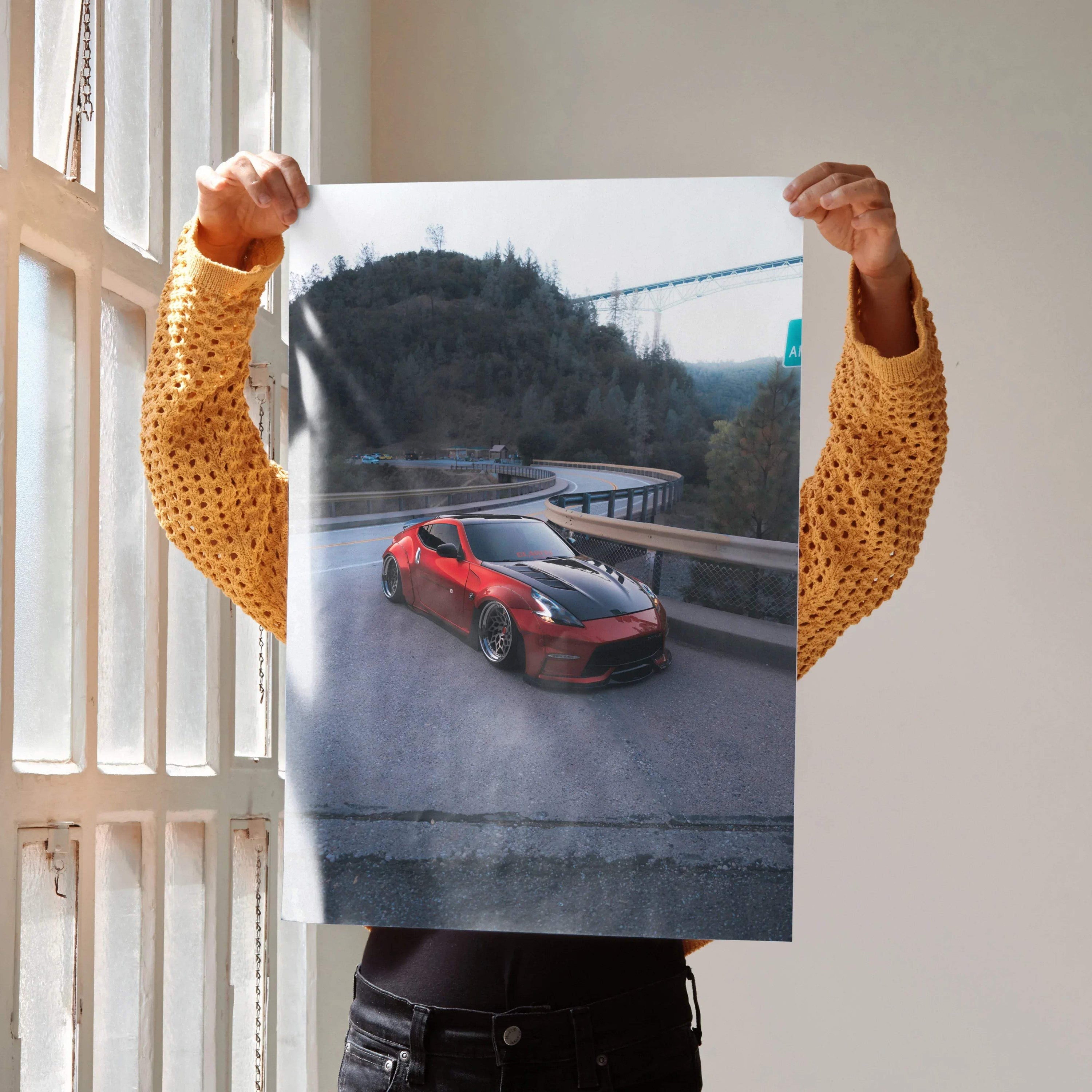 Red Nissan 370z poster with high contrast on a highway, premium wall art print.