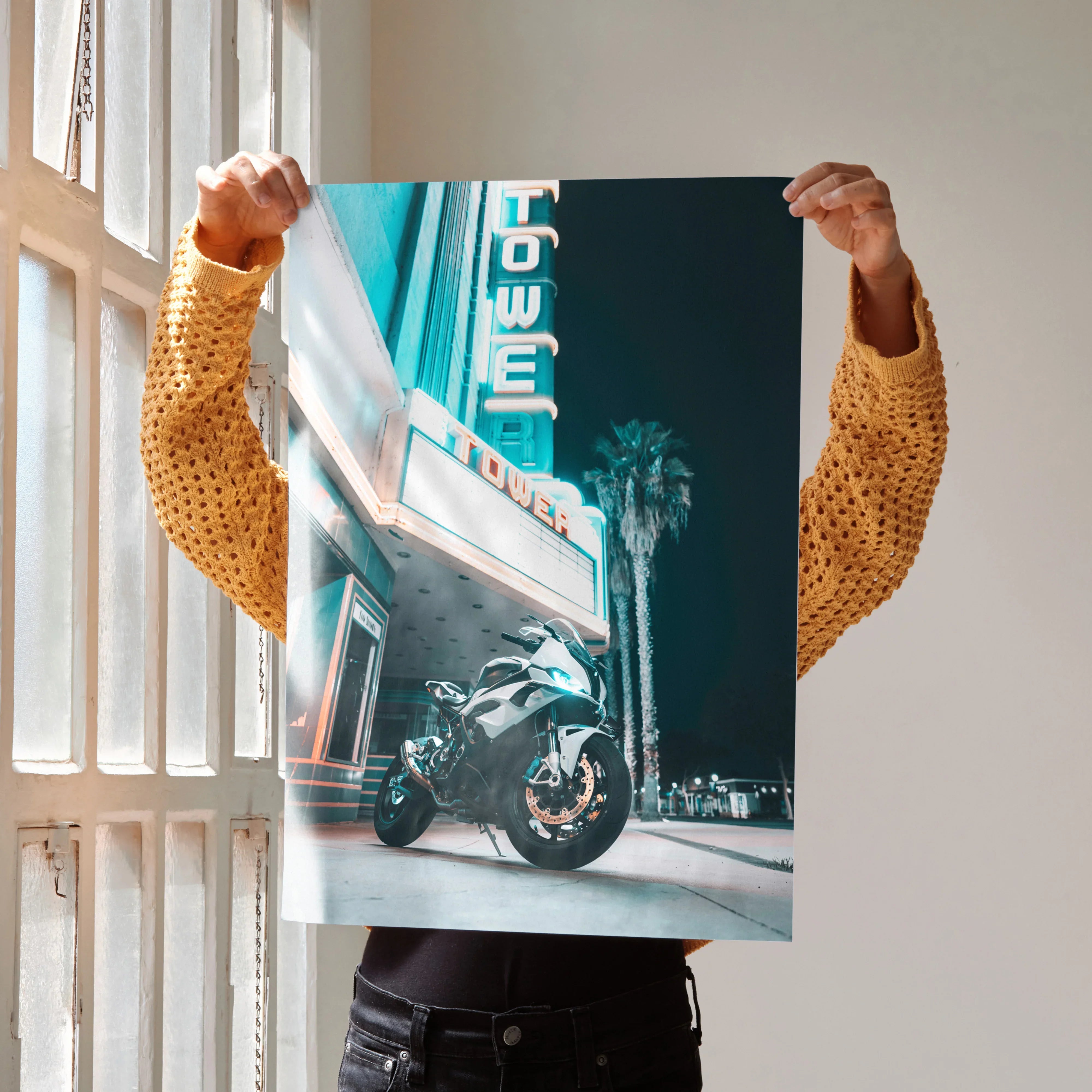 BMW S1000RR motorcycle poster with neon-lit retro diner background, premium wall art print.