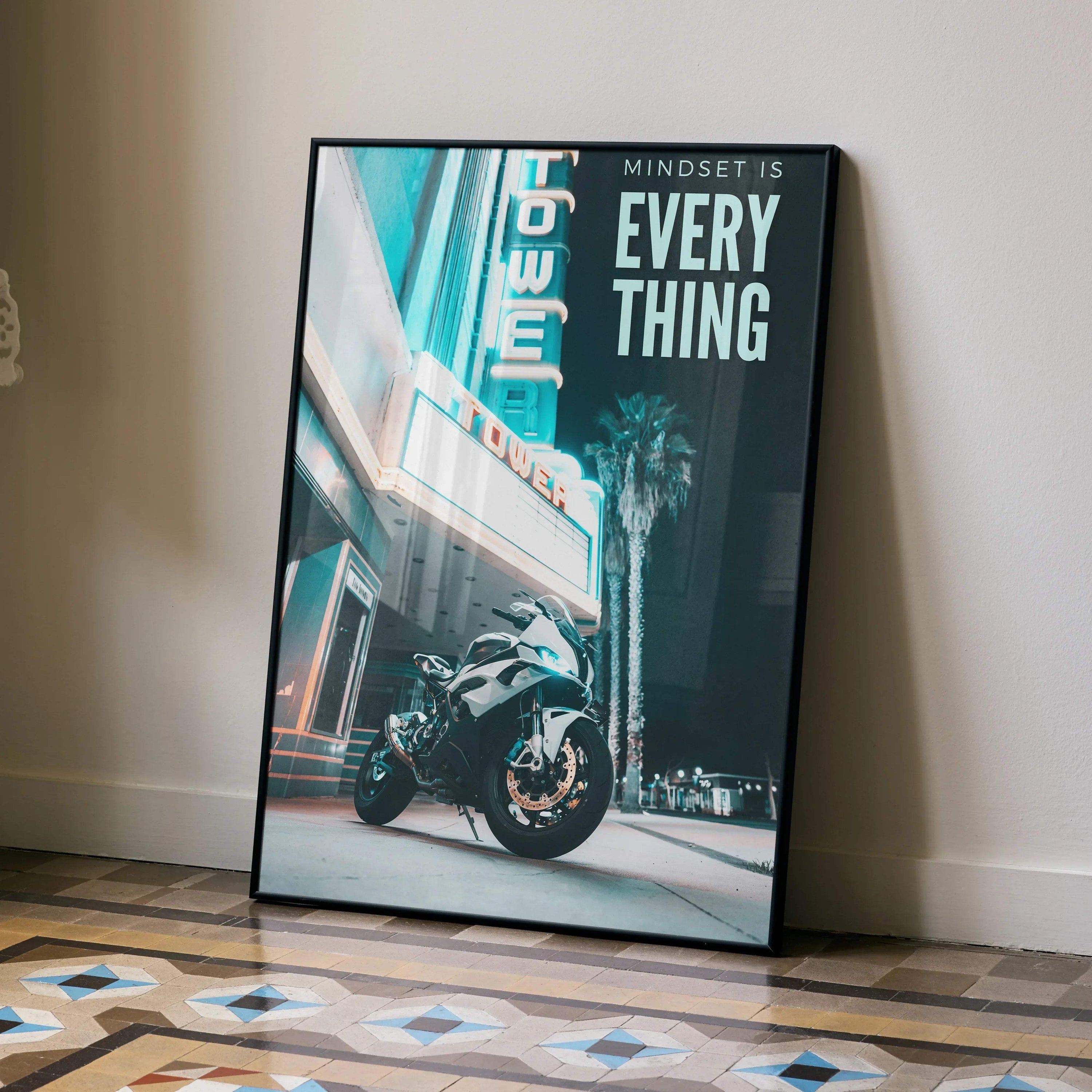 BMW S1000RR motorcycle motivational poster with inspiring text, urban night background wall art.