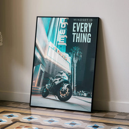BMW S1000RR motorcycle motivational poster with inspiring text, urban night background wall art.