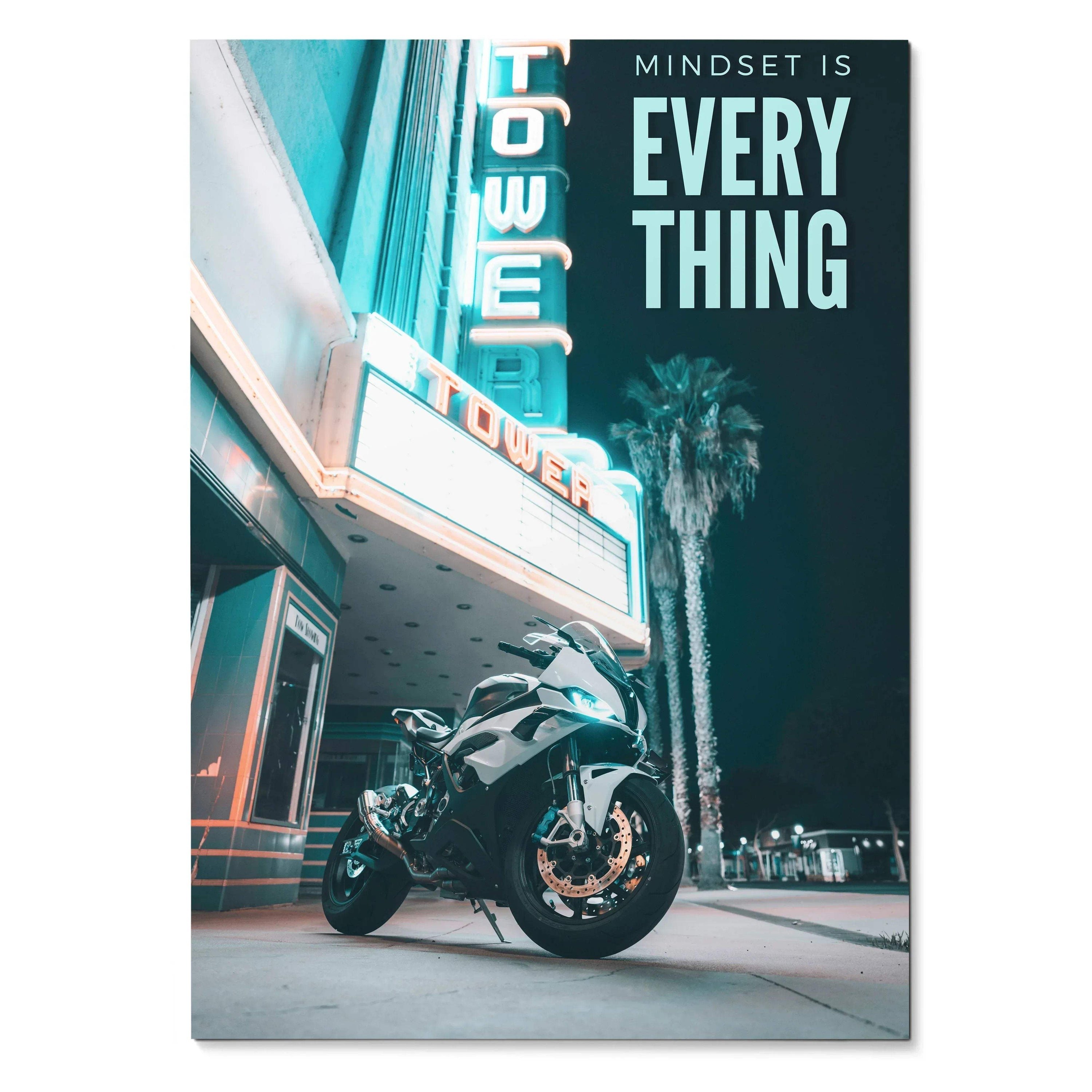 BMW S1000RR motorcycle poster with neon hotel sign and "Mindset is Everything" motivational wall art text.