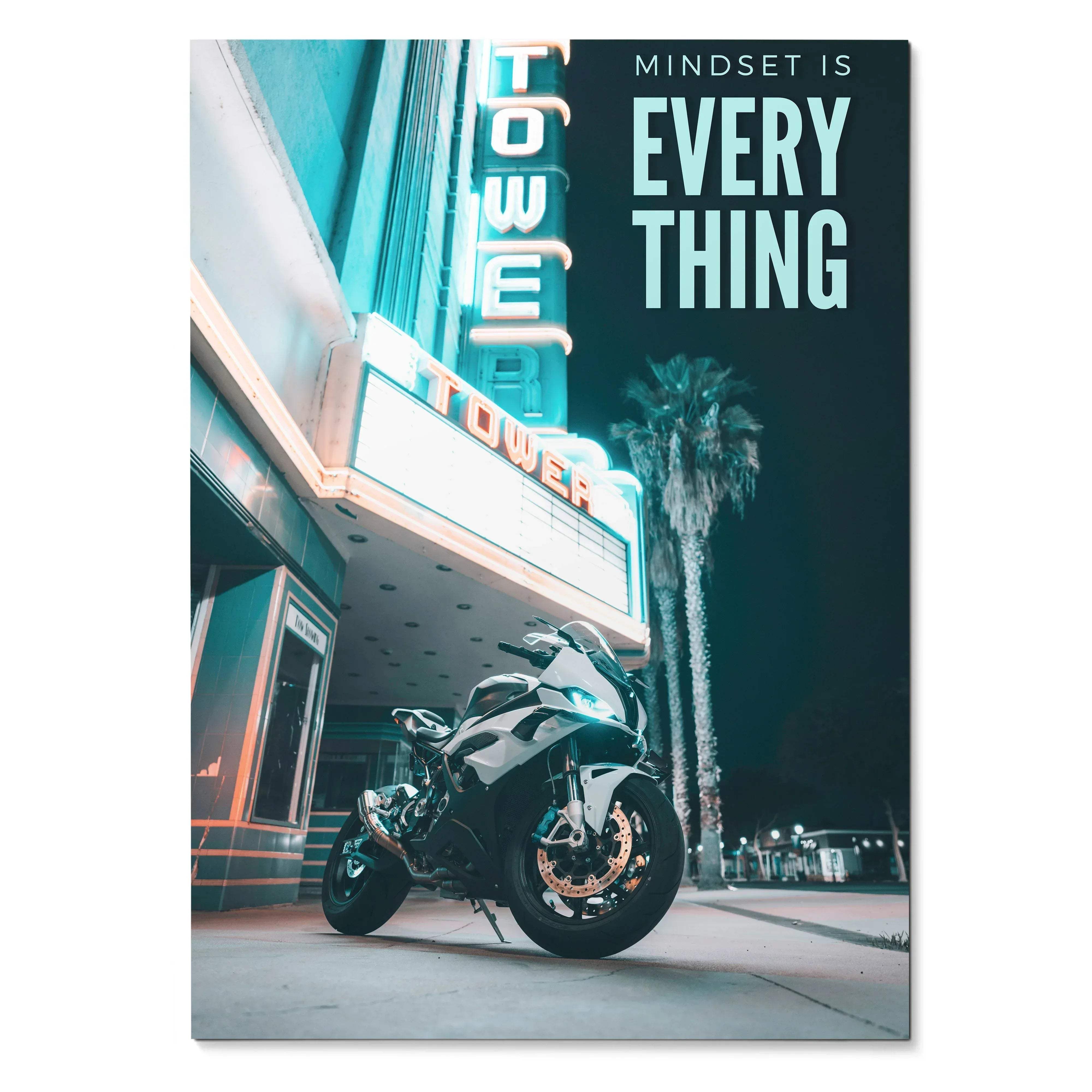 BMW S1000RR motorcycle poster with neon hotel sign and "Mindset is Everything" motivational wall art text.