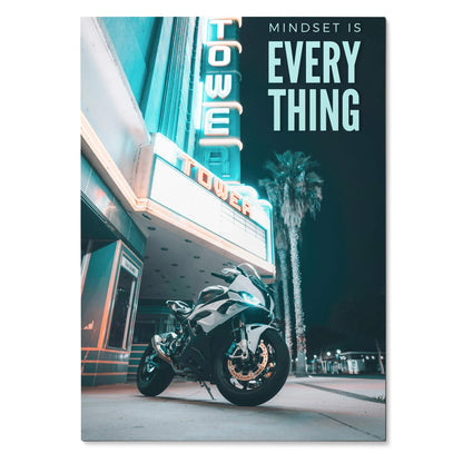 BMW S1000RR motorcycle poster with neon hotel sign and "Mindset is Everything" motivational wall art text.