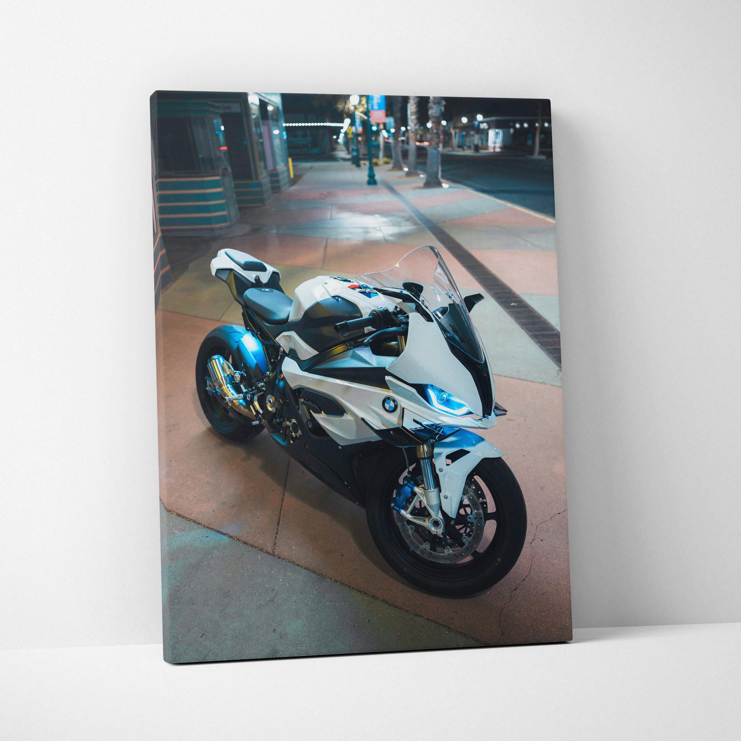 Vertical canvas art featuring a high-resolution BMW S1000RR motorcycle in urban night setting.