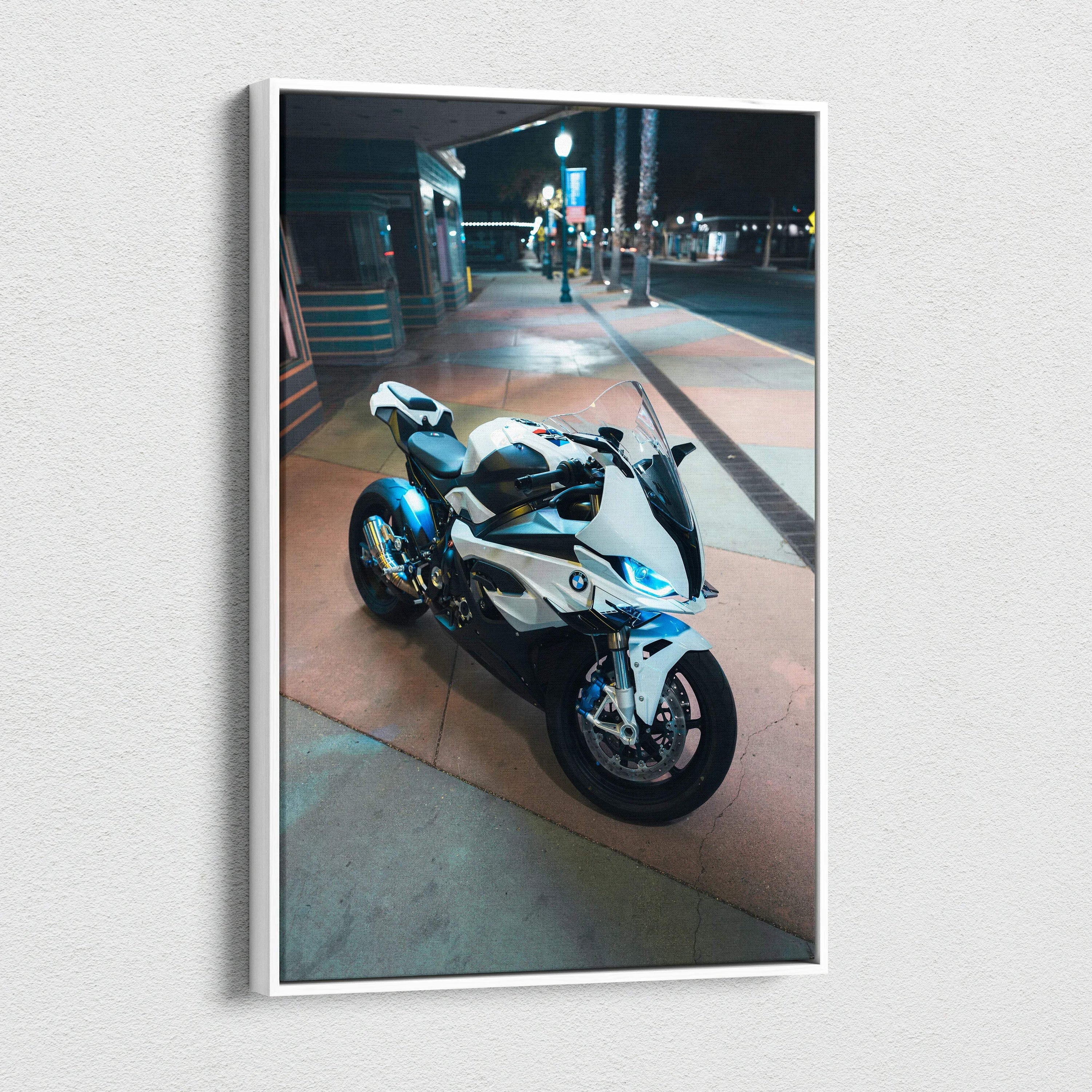 BMW S1000RR motorcycle detailed canvas art with night city street background, vertical wall art.