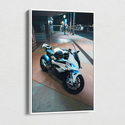 BMW S1000RR motorcycle detailed canvas art with night city street background, vertical wall art.