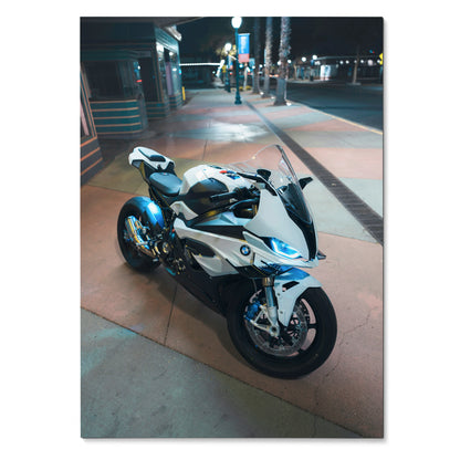 BMW S1000RR motorcycle poster featuring white sportbike with night urban background wall art.