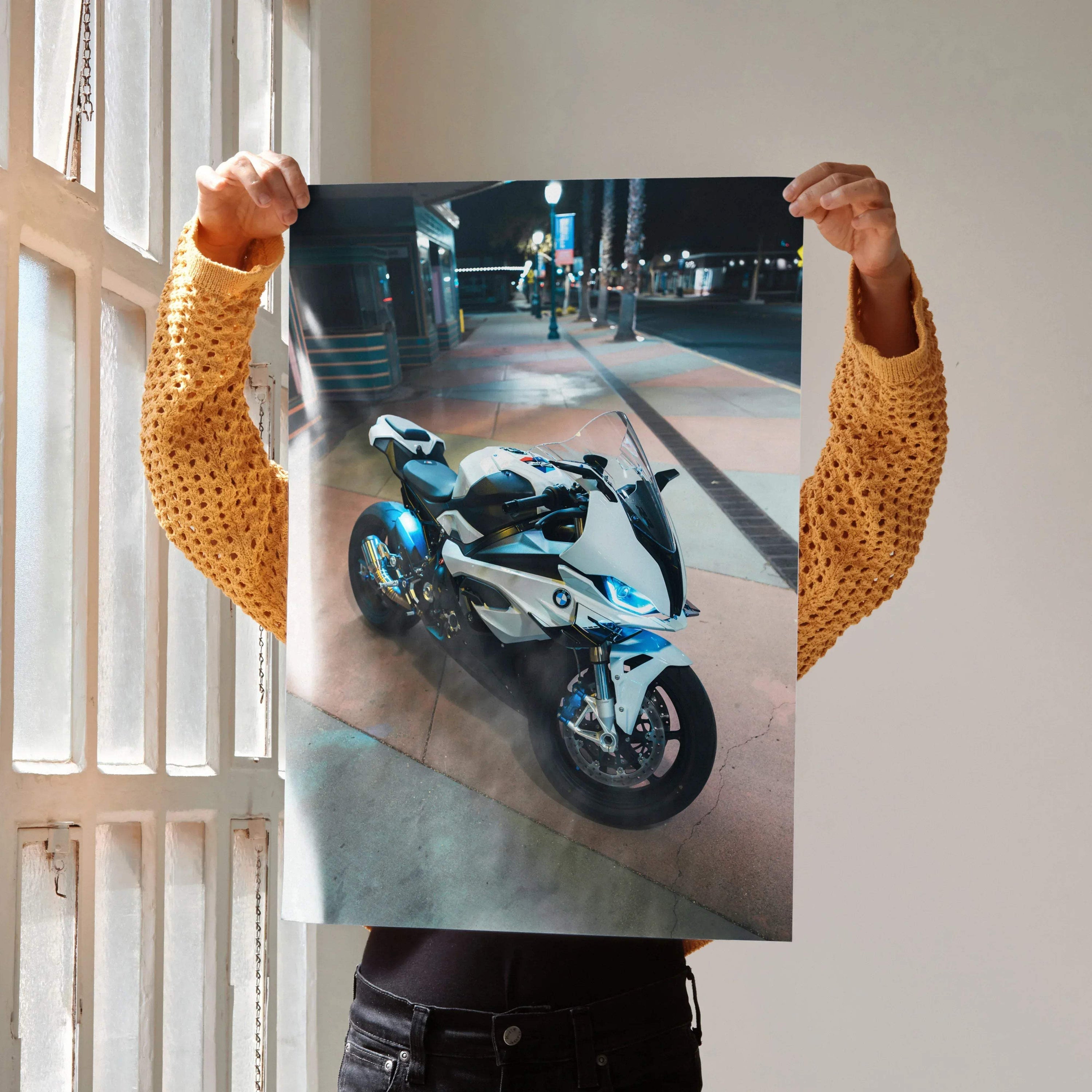 BMW S1000RR motorcycle poster with night city background, premium wall art print.