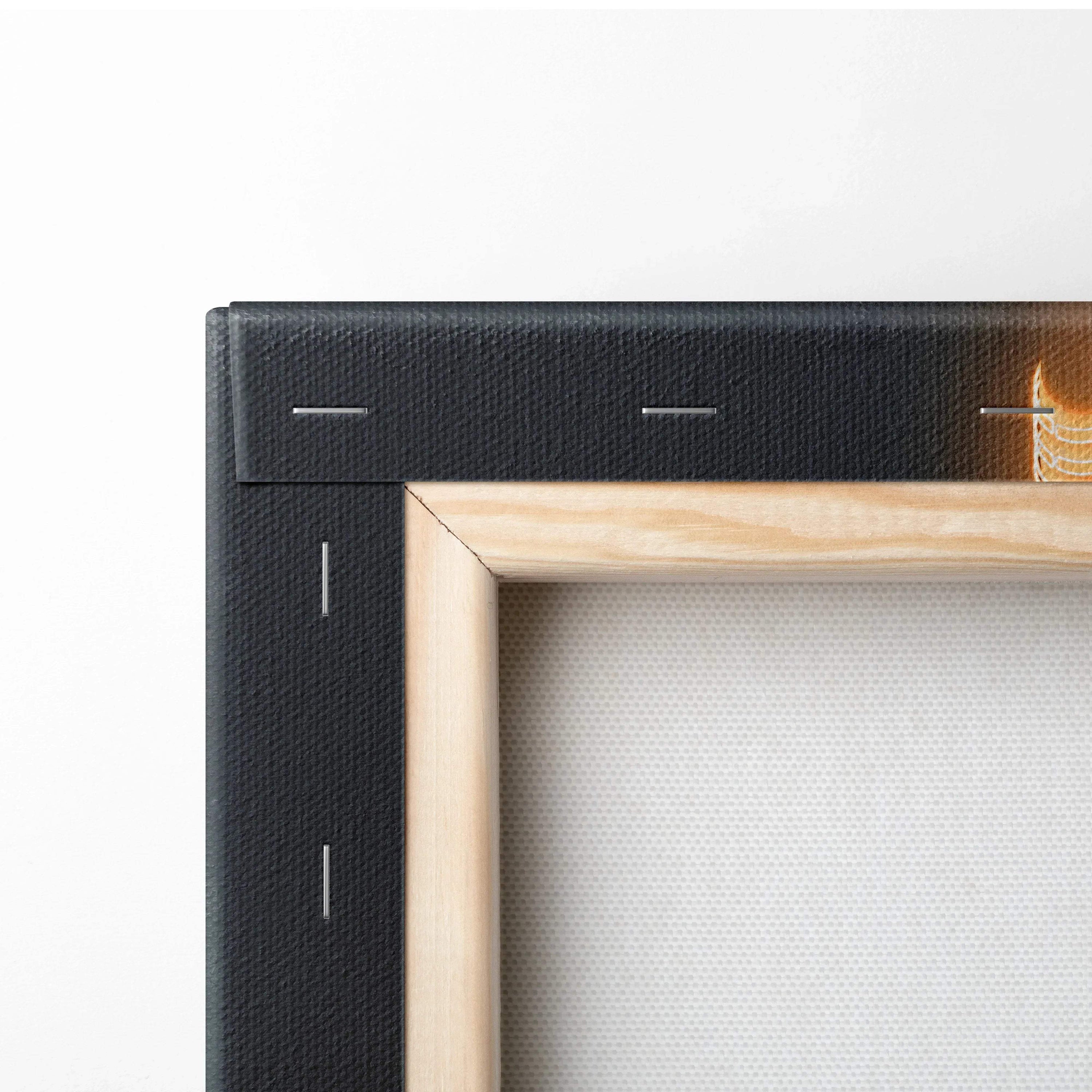 Black framed vertical canvas wall art with natural wood stretcher bars and museum-quality textured surface.