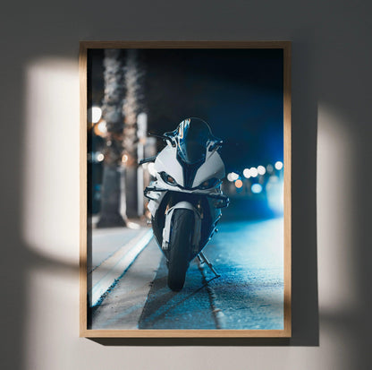 BMW S1000RR motorcycle poster wall art with night city street background in wooden frame.