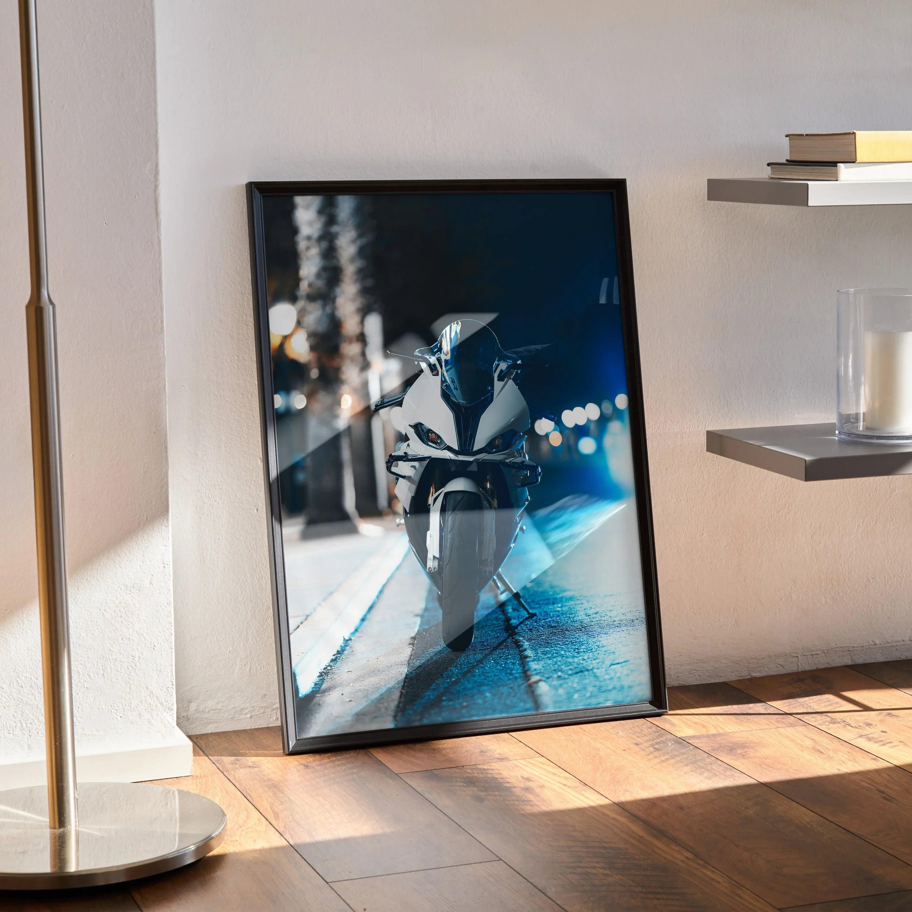 BMW S1000RR M-Package poster featuring sleek motorcycle design in a black frame wall art.