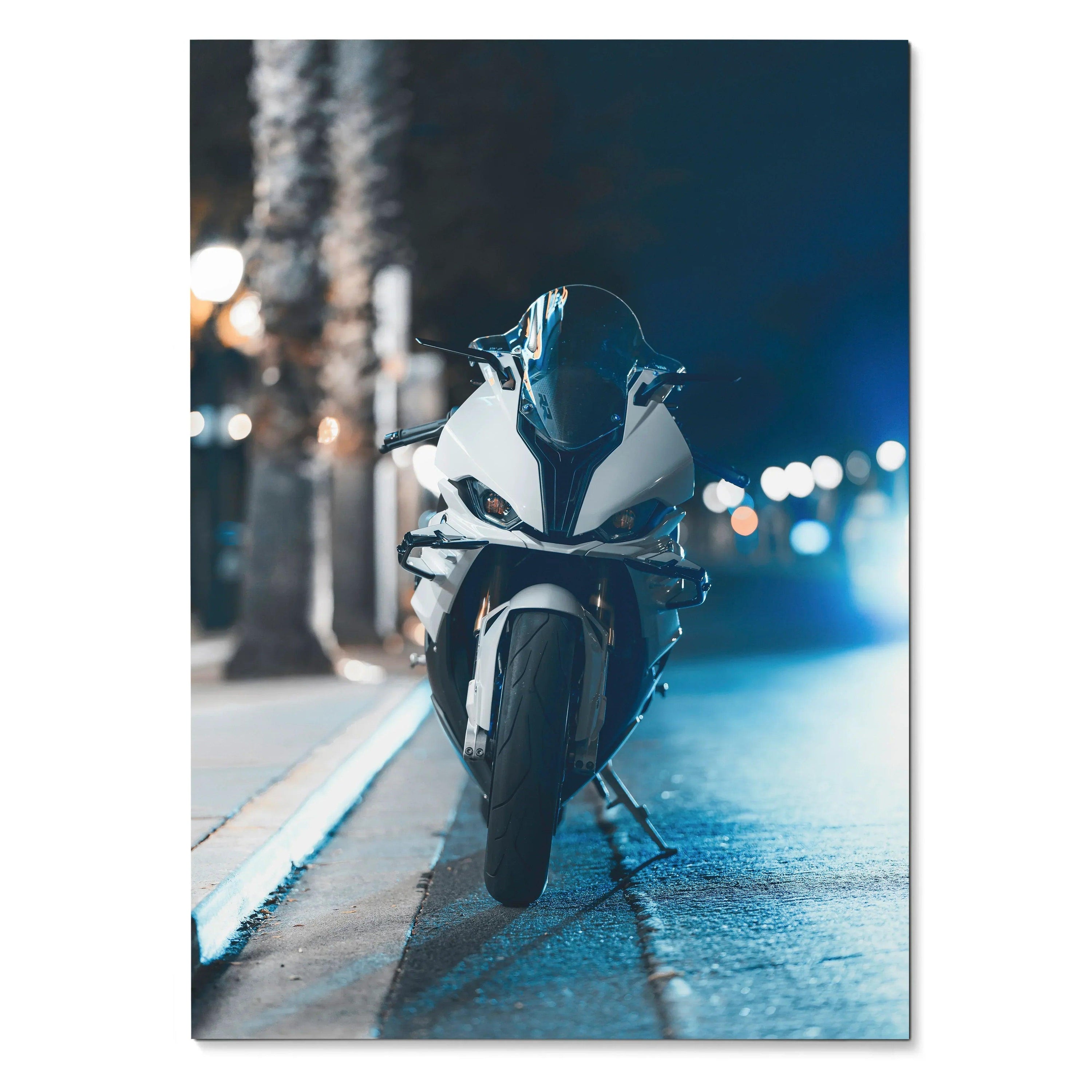 BMW S1000RR motorcycle front view poster with urban night street lighting wall art.