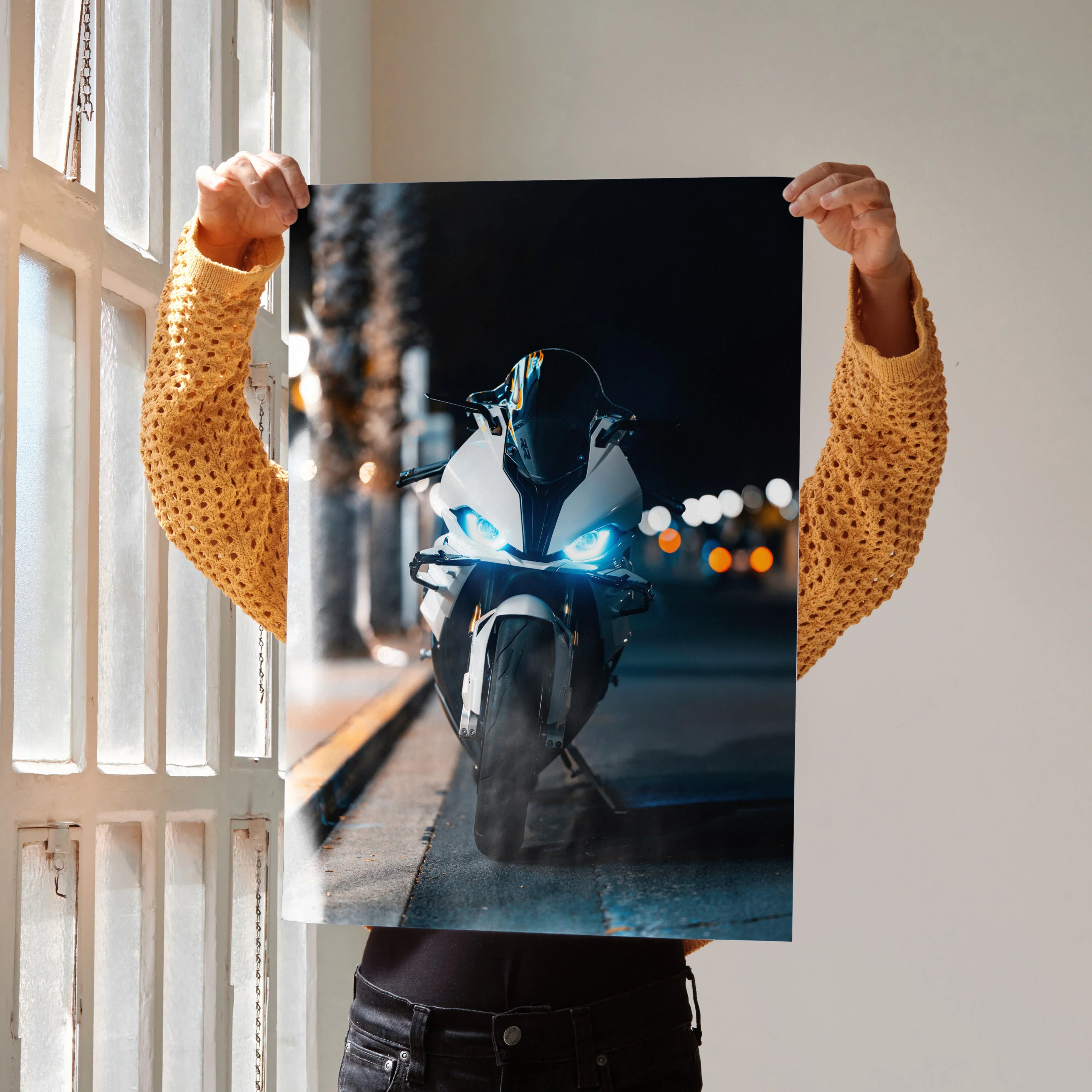 BMW S1000RR motorcycle front view poster with night city lights wall art.