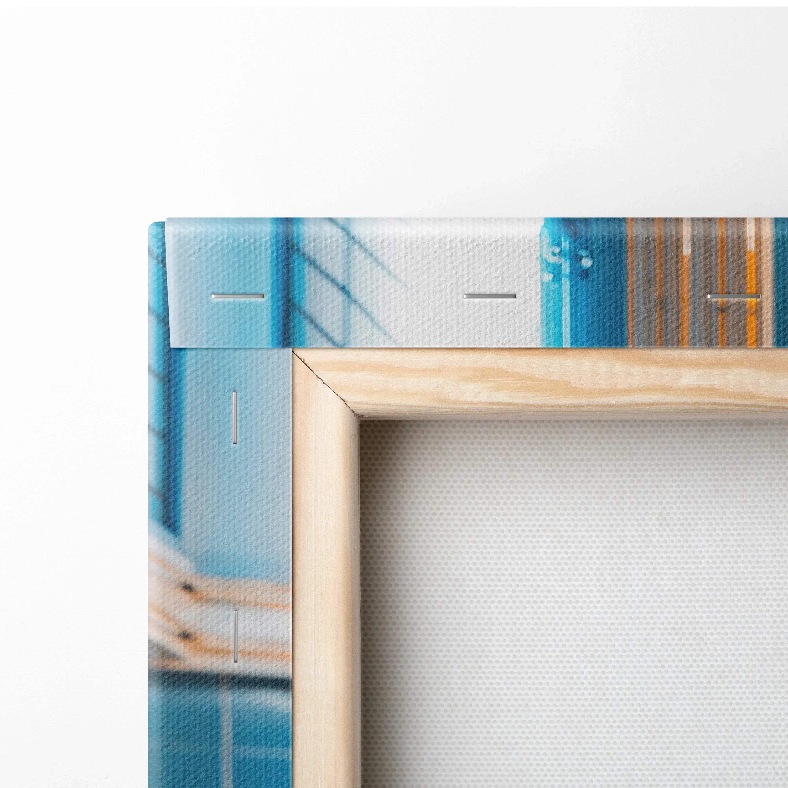 Close-up of stretched canvas corner with wooden frame showcasing detailed high-resolution wall art texture.
