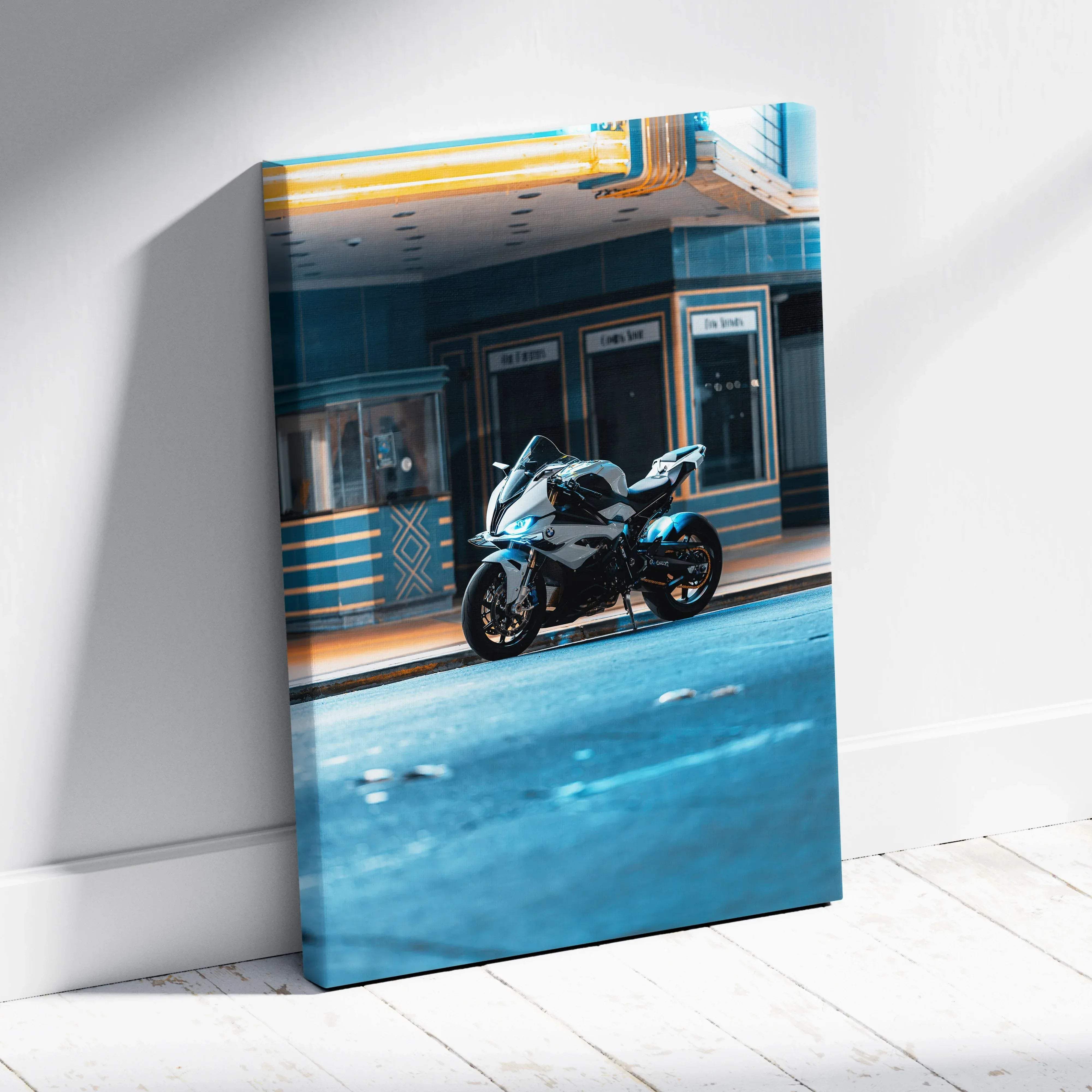 A sleek black and silver bmw s1000rr sport motorcycle with blue accents on a high resolution vertical canvas print