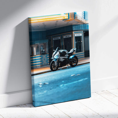 Vertical canvas art of a BMW S1000RR motorcycle parked on a city street, vibrant wall art with high-resolution detail.