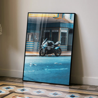 BMW S1000RR motorcycle poster with urban street scene, modern wall art for stylish decor.
