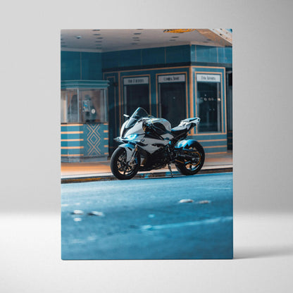 BMW S1000RR motorcycle vertical canvas wall art with blue urban background, high-resolution museum quality canvas art.