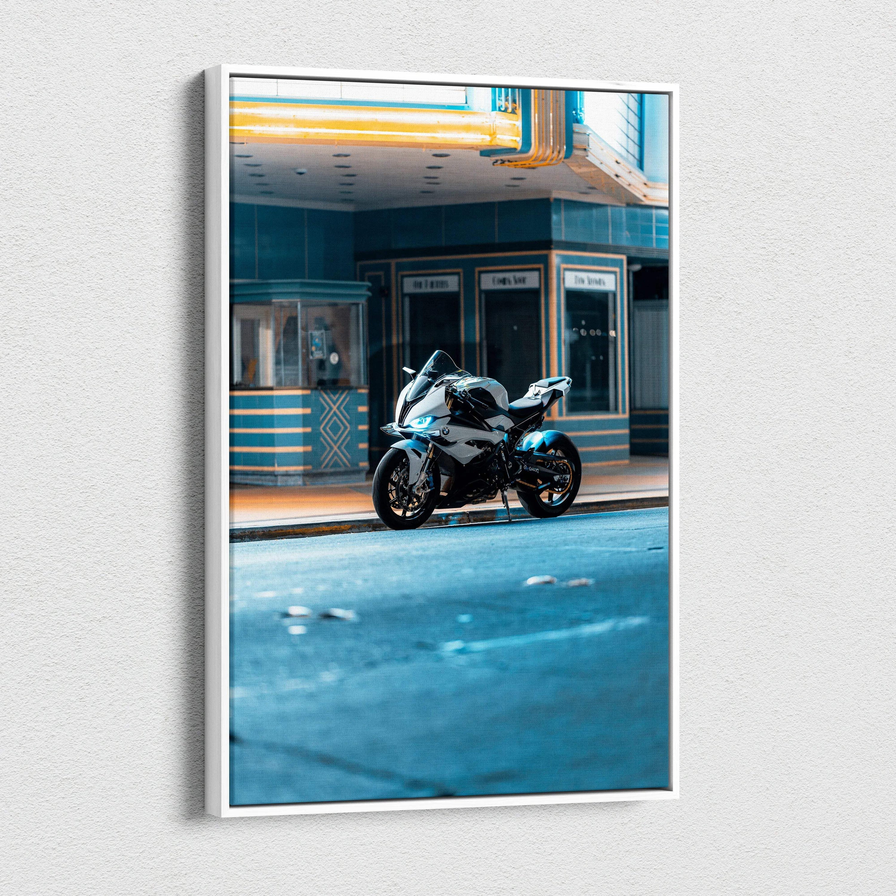 BMW S1000RR motorcycle canvas art with urban backdrop, vertical museum-quality wall art print.