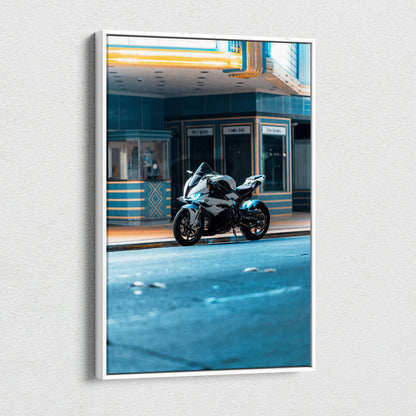 BMW S1000RR motorcycle canvas art with urban backdrop, vertical museum-quality wall art print.