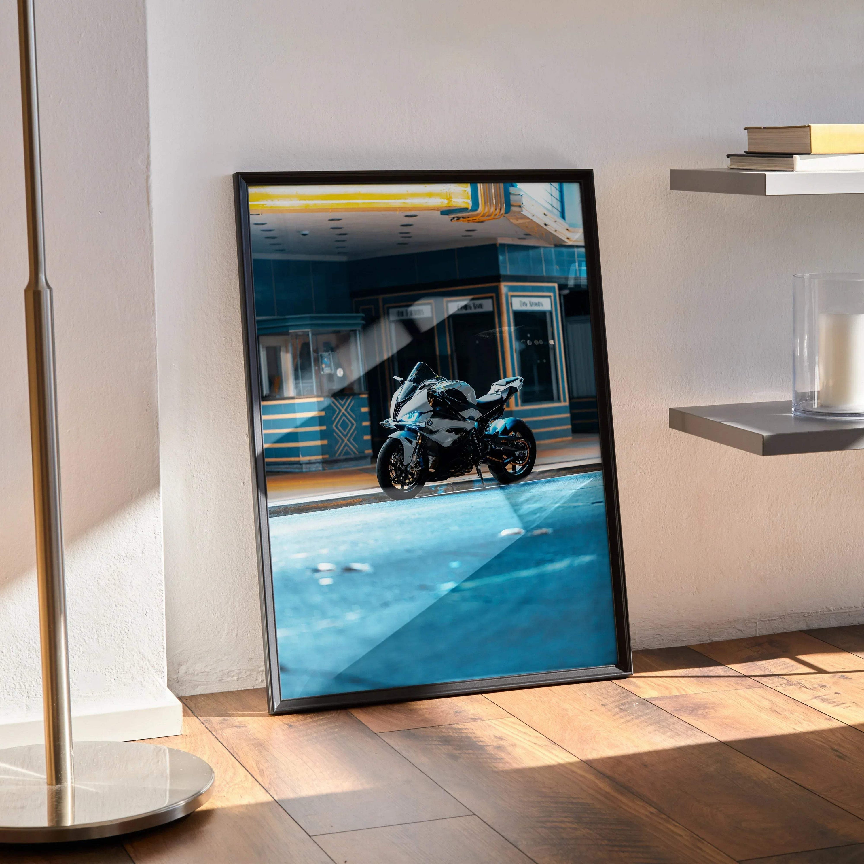 BMW S1000RR motorcycle poster with sleek black frame, modern wall art in bright room.