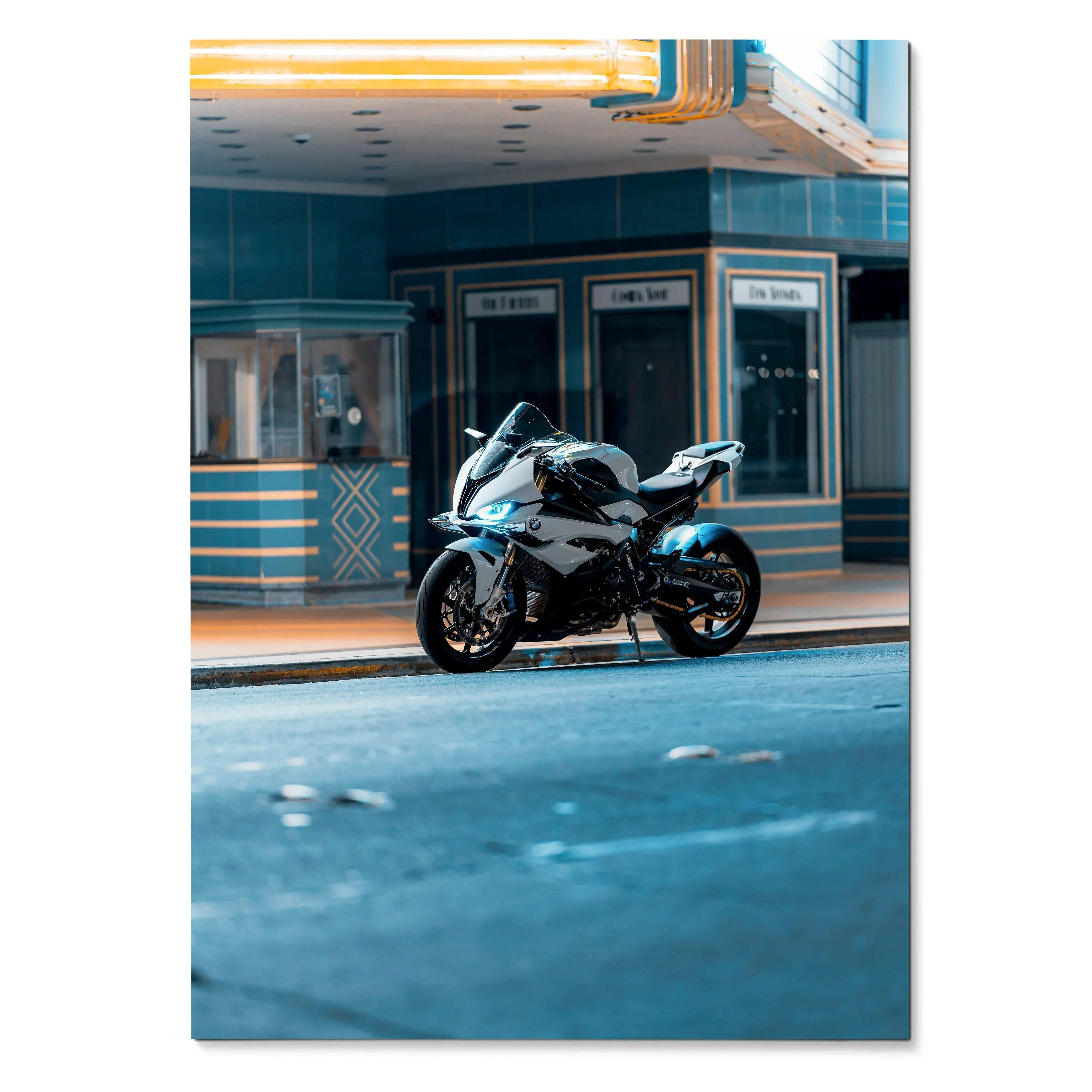 BMW S1000RR motorcycle poster with sleek white and black design, urban night setting wall art.