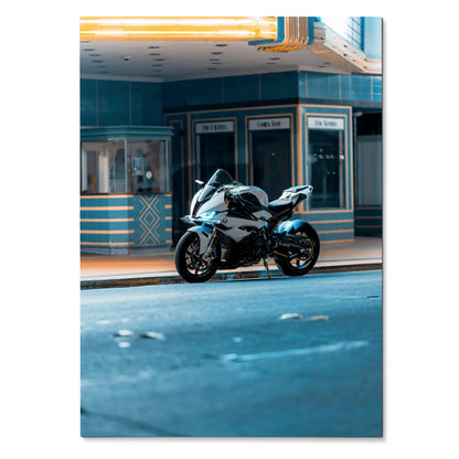 BMW S1000RR motorcycle poster with sleek white and black design, urban night setting wall art.