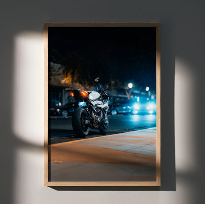 BMW S1000RR motorcycle night scene poster with urban headlights, premium wall art print.