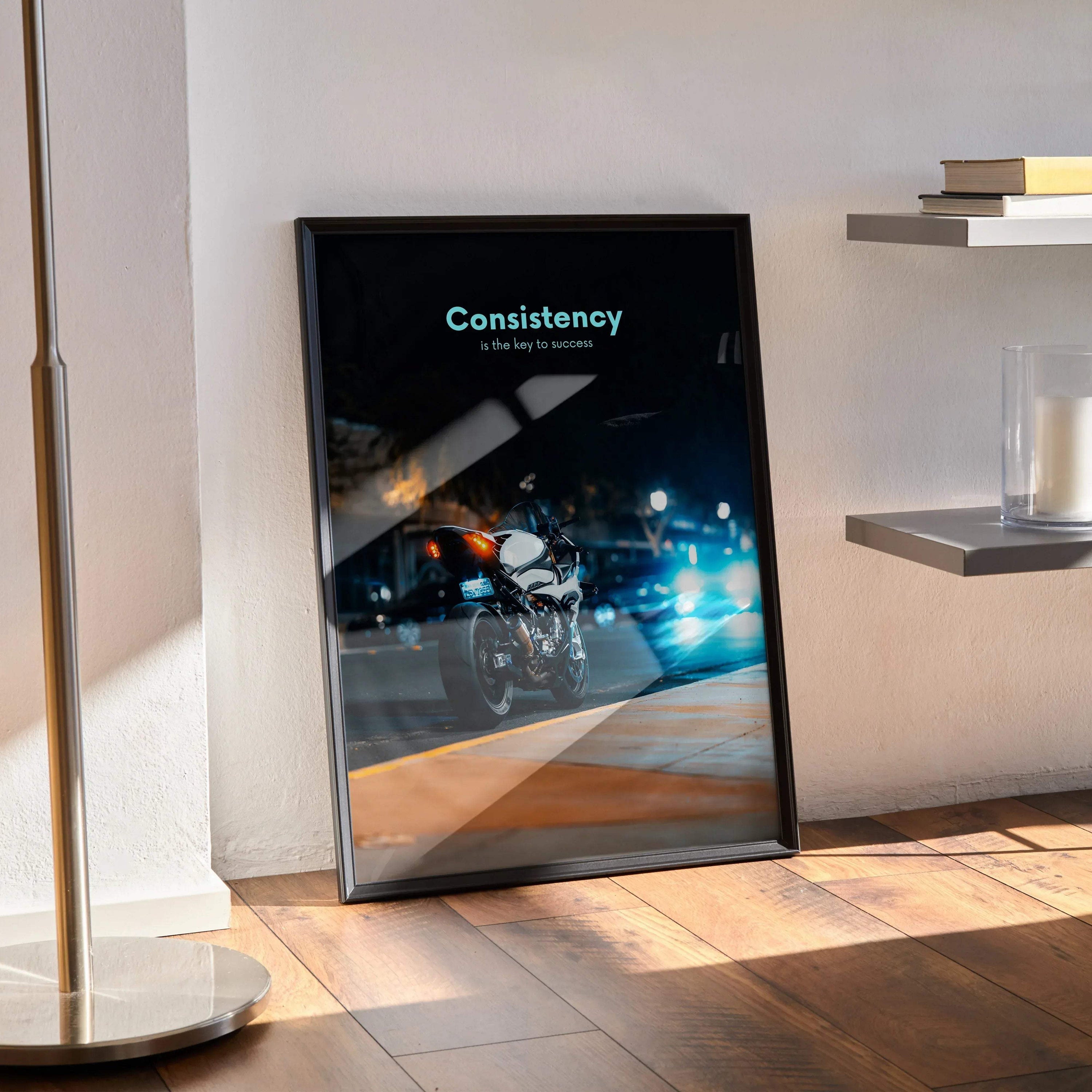 Motivational poster with BMW S1000RR motorcycle and inspiring text in sleek black frame, wall art for modern decor.
