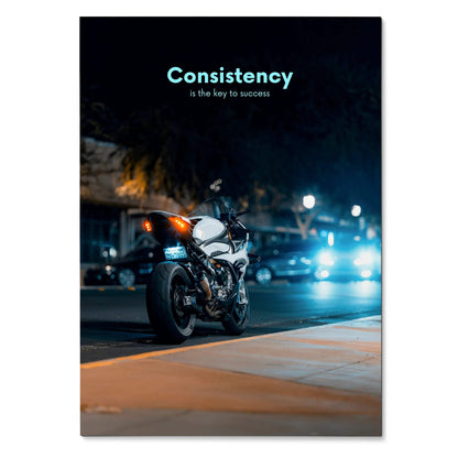 BMW S1000RR motorcycle at night with motivational "Consistency is the key to success" text poster wall art.
