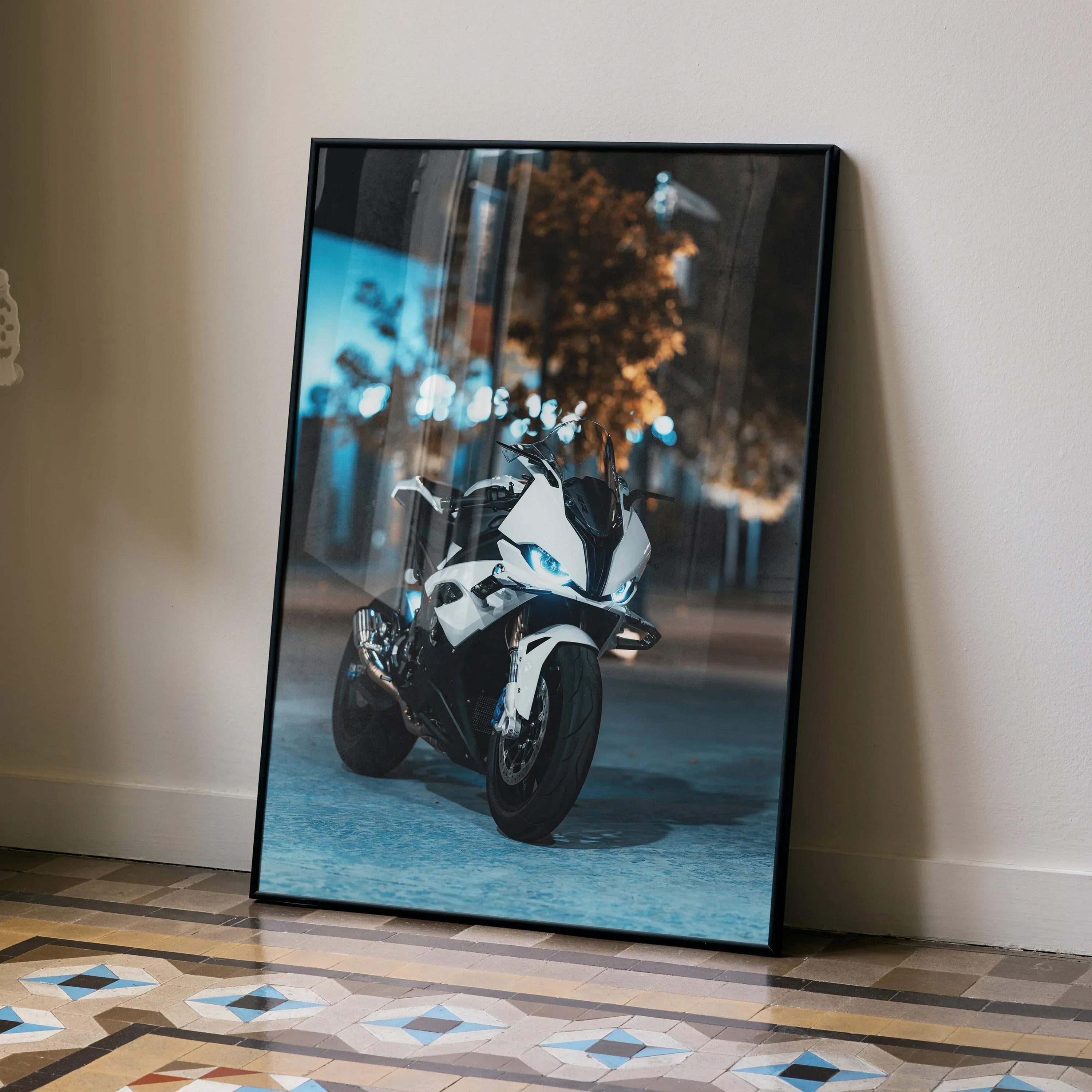 BMW S1000RR motorcycle poster leaning against wall, sleek white sports bike wall art.