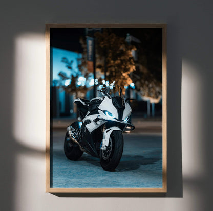 BMW S1000RR motorcycle poster wall art with a sleek white bike in urban night setting.