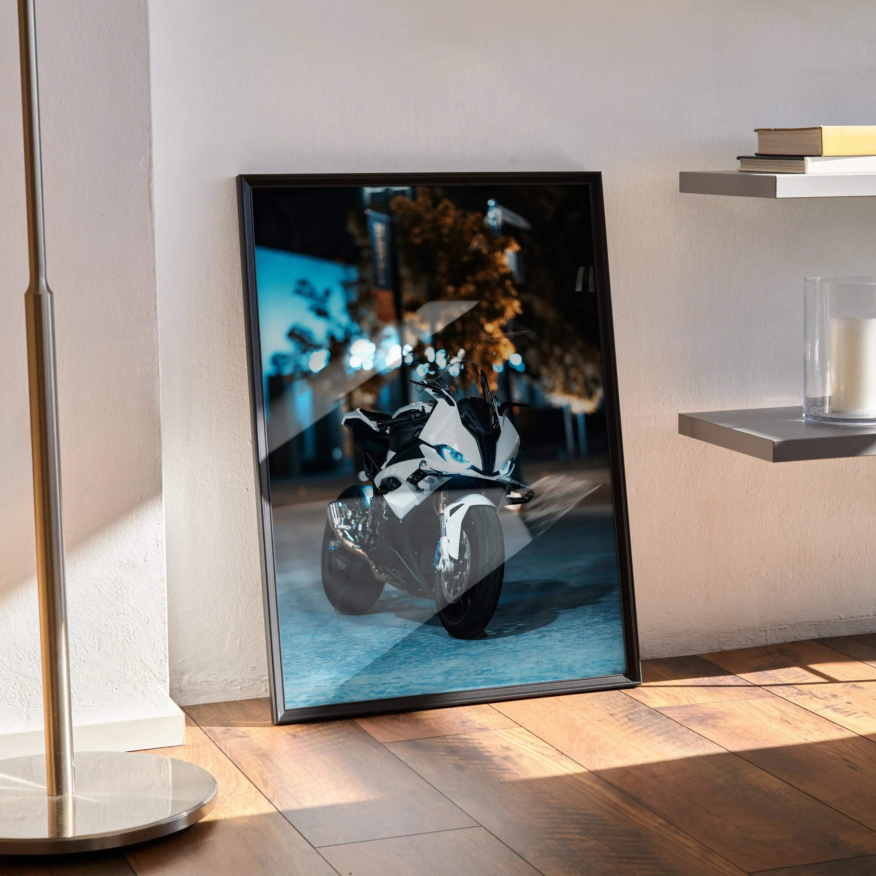 BMW S1000RR motorcycle poster with sleek black and white design, modern wall art for riders.