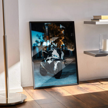 BMW S1000RR motorcycle poster with sleek black and white design, modern wall art for riders.