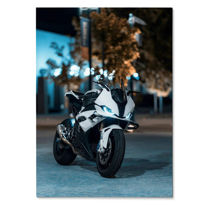 BMW S1000RR motorcycle front view poster with dynamic nighttime urban background wall art.