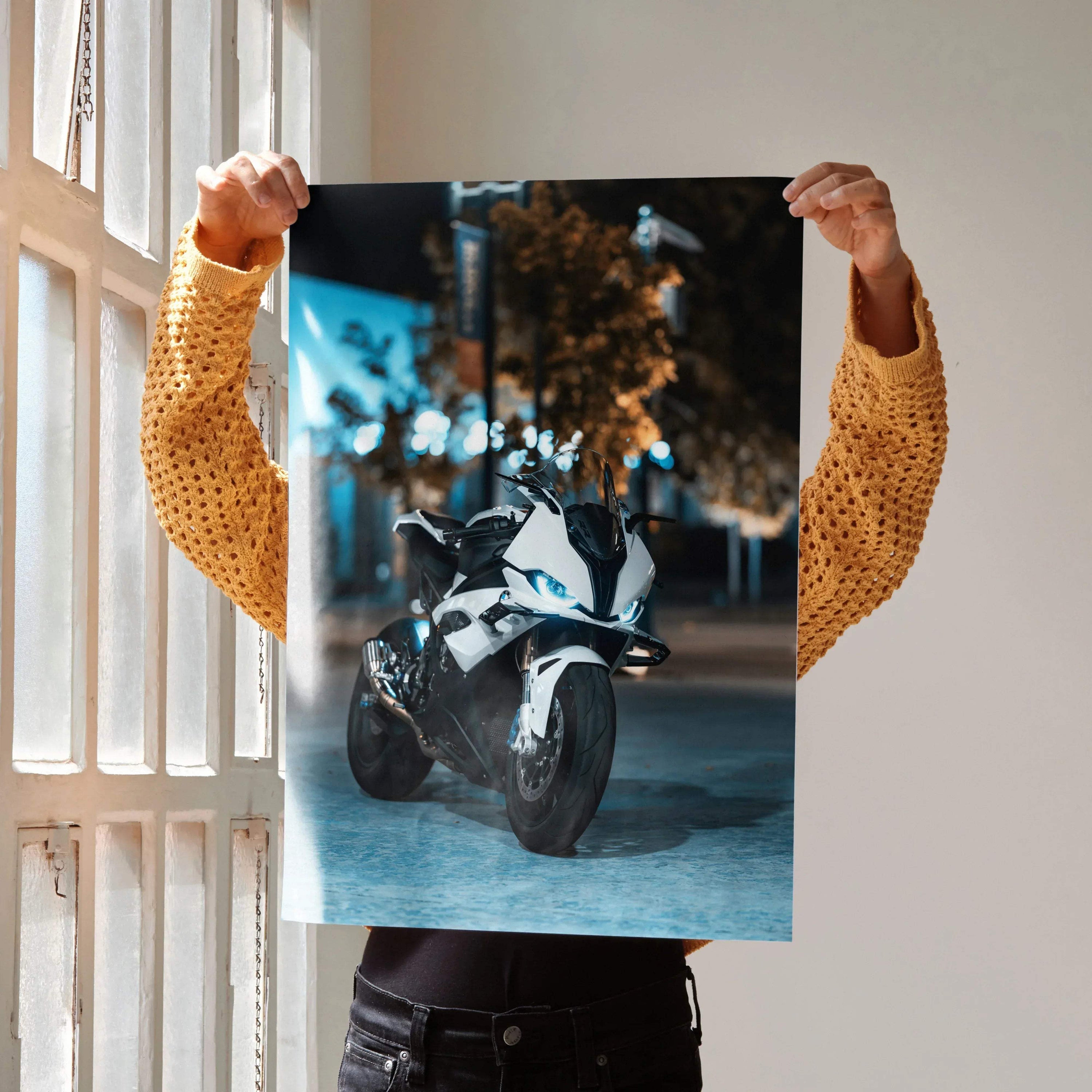 BMW S1000RR motorcycle poster with sharp headlights, sleek white and blue racing design, wall art for riders.