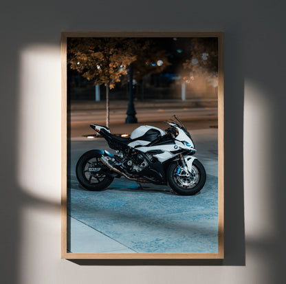 BMW S1000RR motorcycle poster showcasing sleek white and black bike, modern wall art decor.