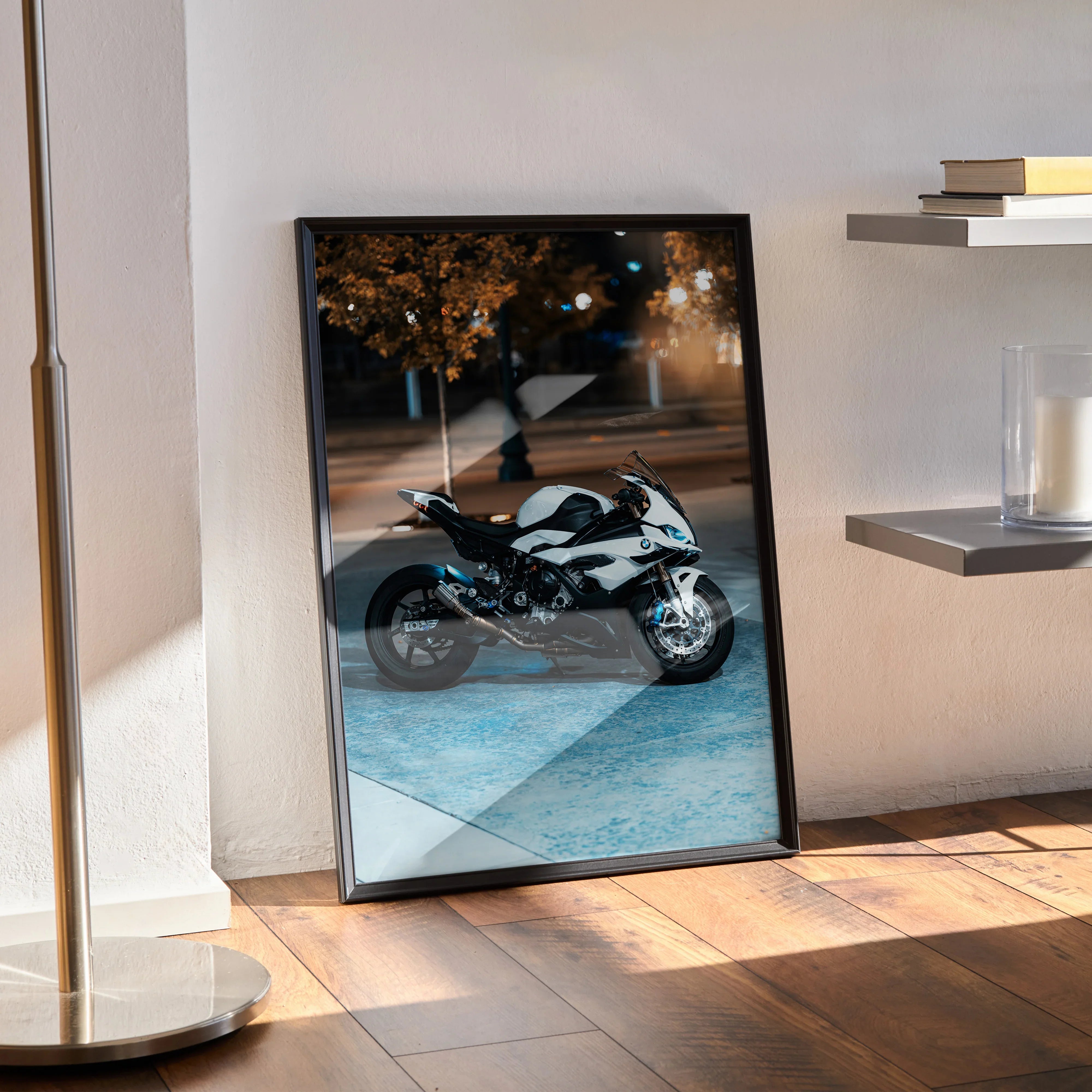 BMW S1000RR motorcycle poster with sleek black and white design, modern wall art print.