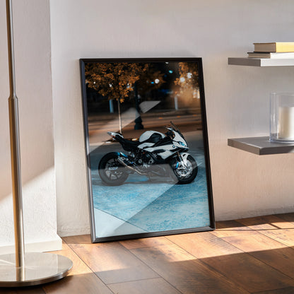 BMW S1000RR motorcycle poster with sleek black and white design, modern wall art print.