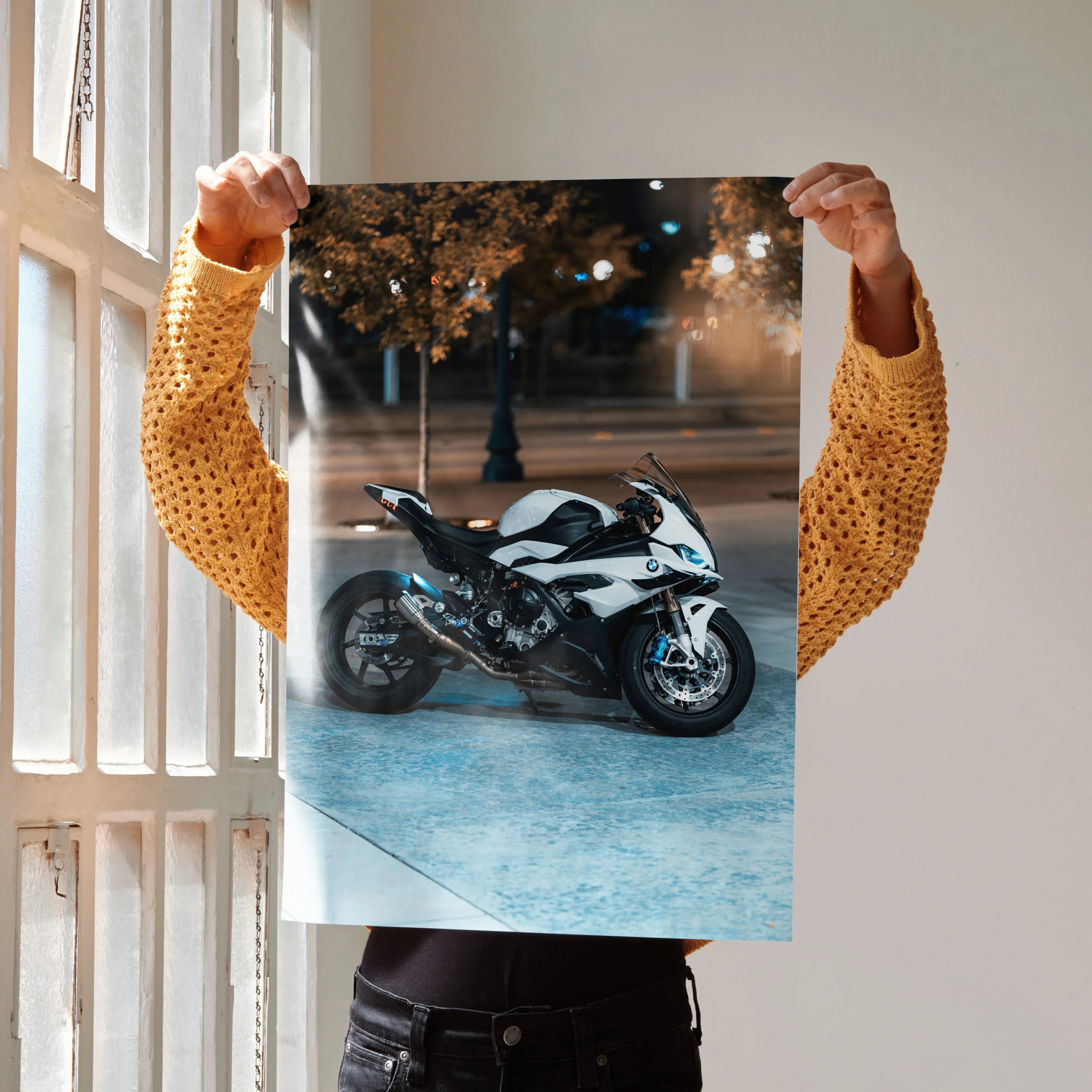 BMW S1000RR motorcycle poster showcasing sleek black and white sportbike, wall art for enthusiasts.