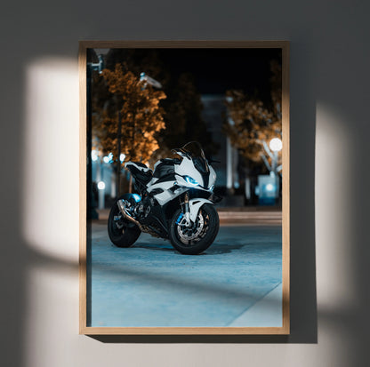 BMW S1000RR motorcycle poster wall art with sharp nighttime city lighting in wooden frame.