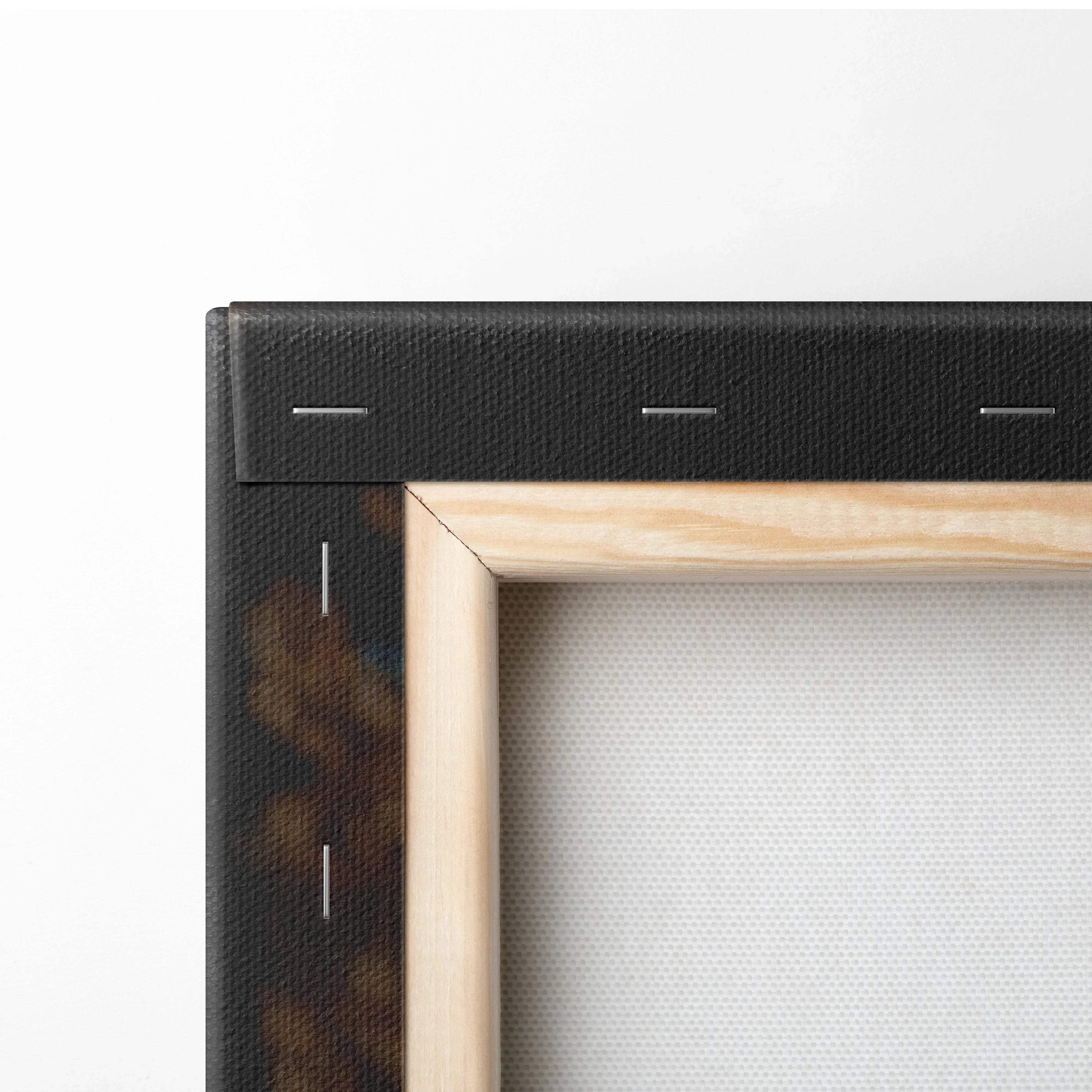 Close-up of wooden stretcher frame and black canvas wrap edge for vertical canvas art wall decor.